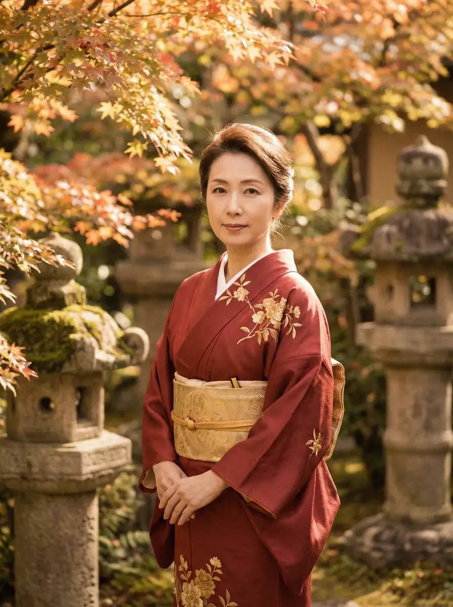 一位身穿暗红色和服的优雅 阳光姐妹淘完整版 在日式庭院中