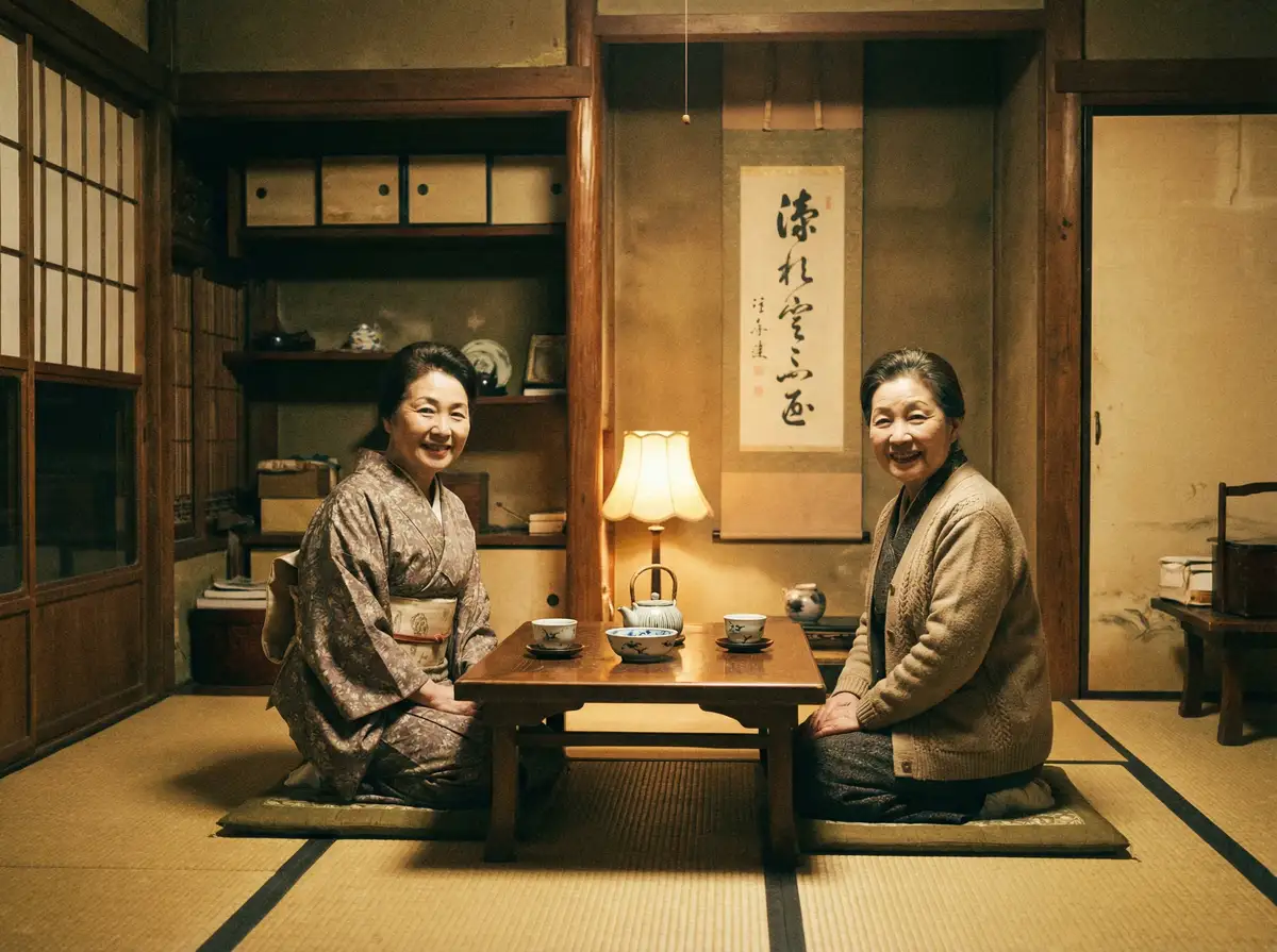 两位优雅的 阳光姐妹淘完整版 在日式茶室中品茶交谈